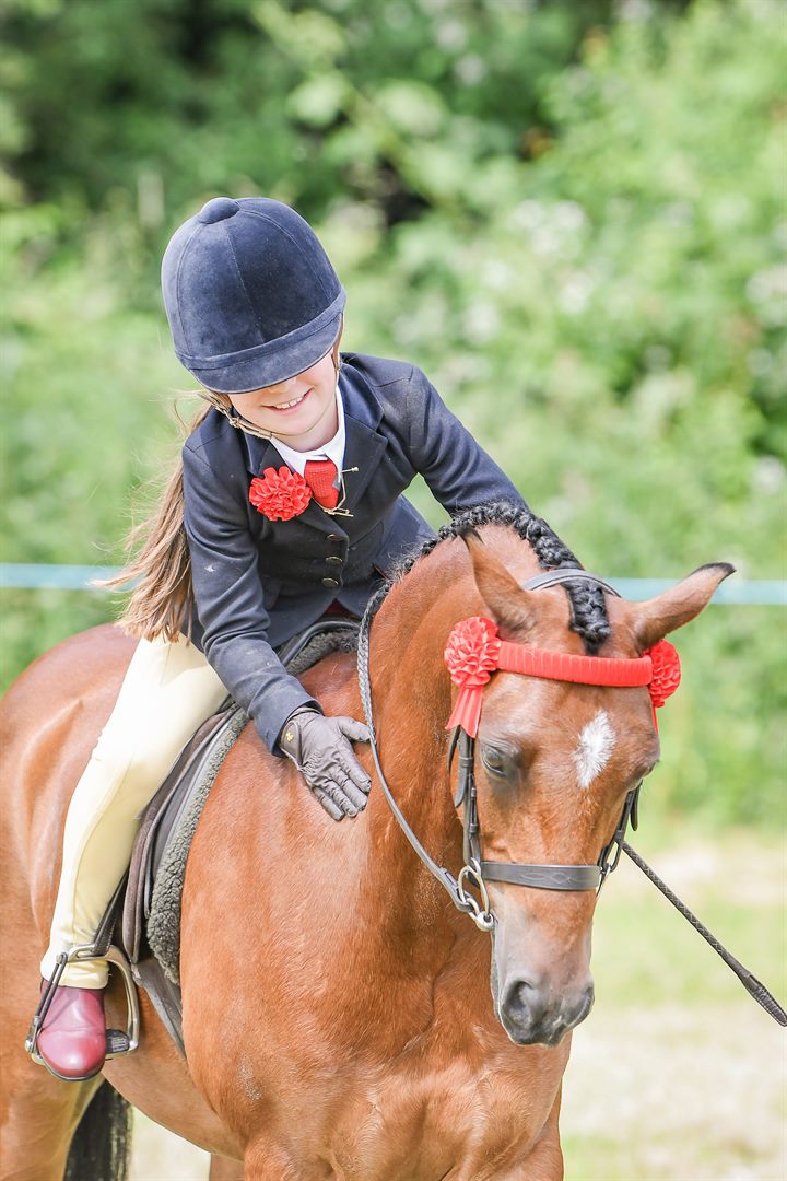 A smiling young rider on a pony wearing red rosettes